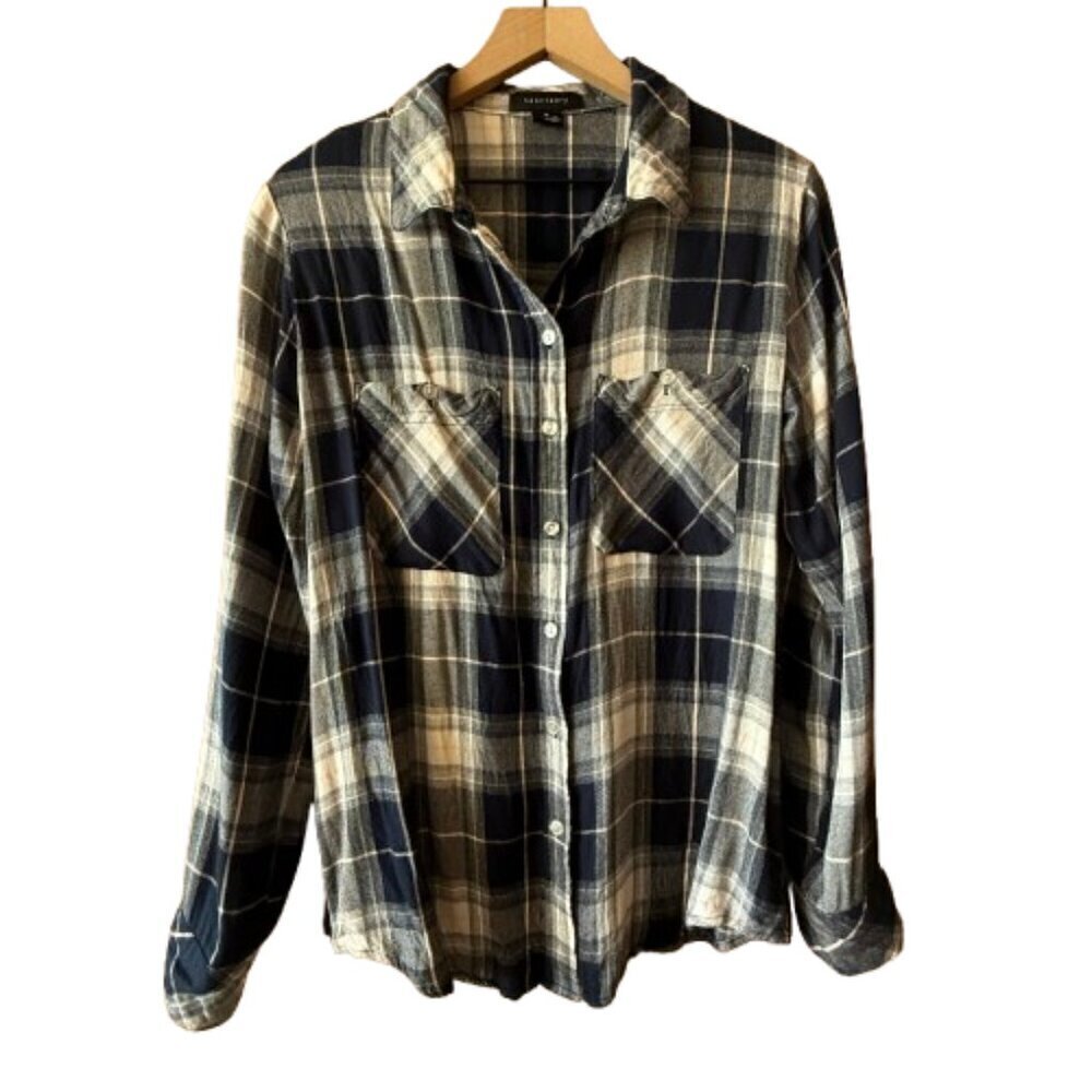 Women's L Sanctuary Plaid Navy Blue White Pink Button Down